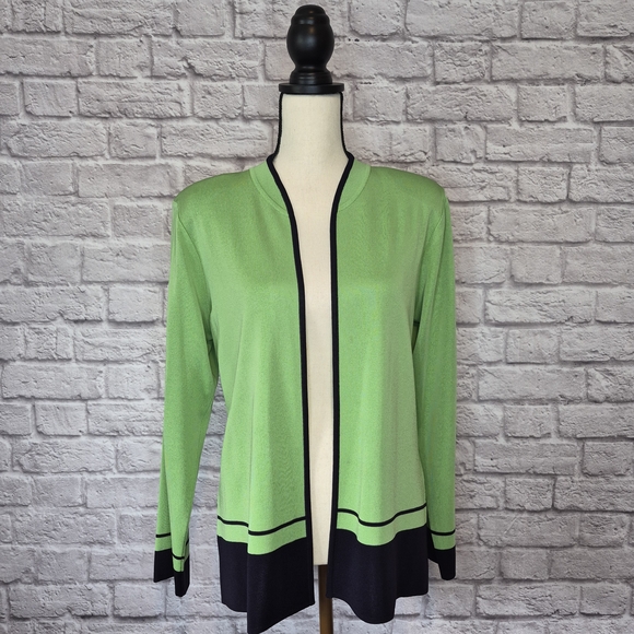 Exclusively Misook Cardigan Green Black Trim Open Front Long Sleeve Womens Sz M - Picture 2 of 8
